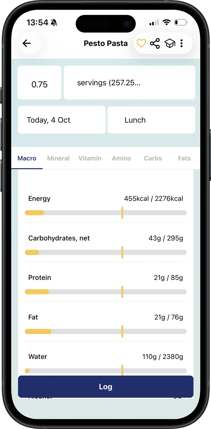 A food in Nutriely with every nutrient compared to your daily targets