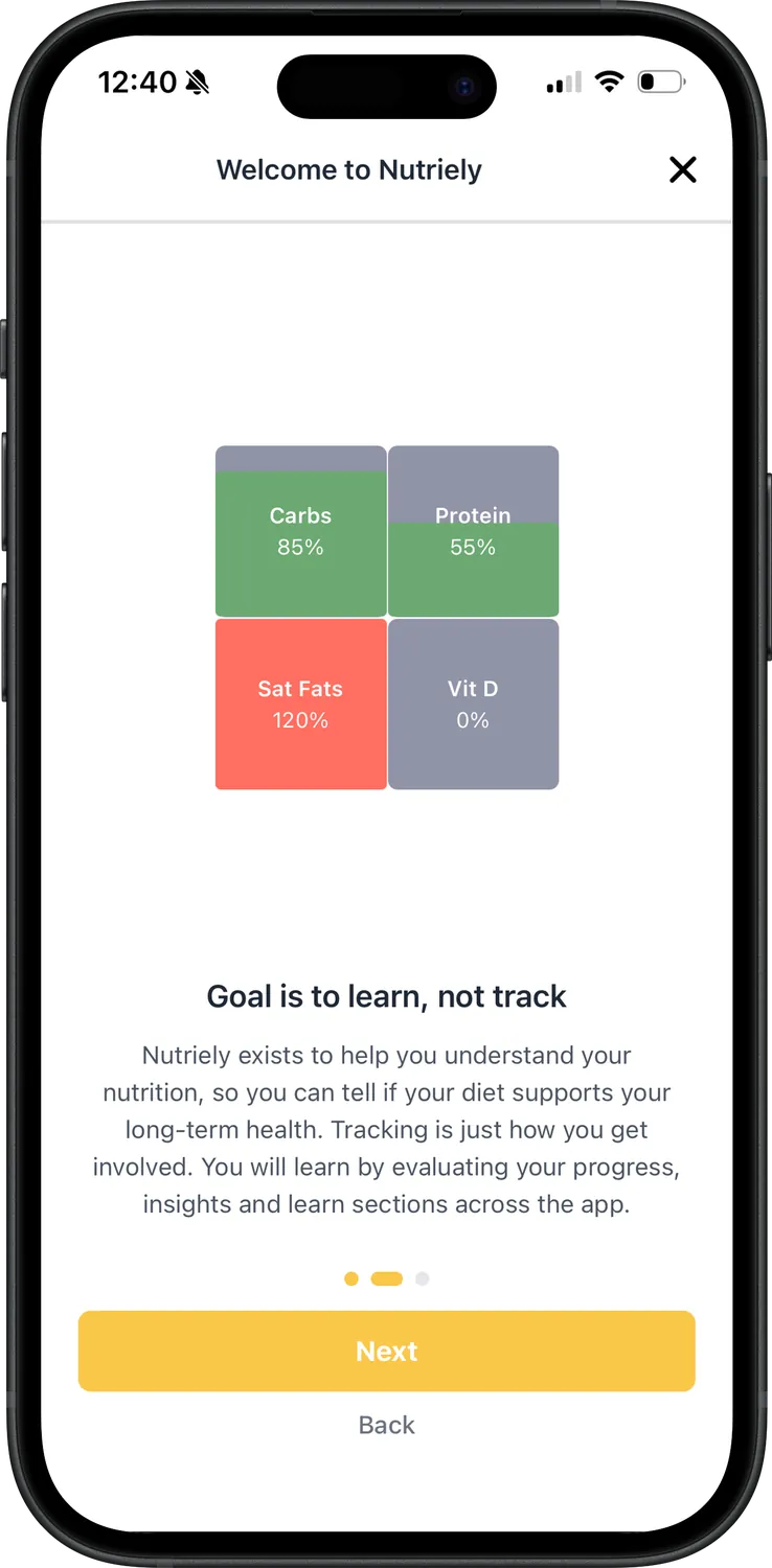 Nutriely welcome guide explaining how the app teaches you nutrition