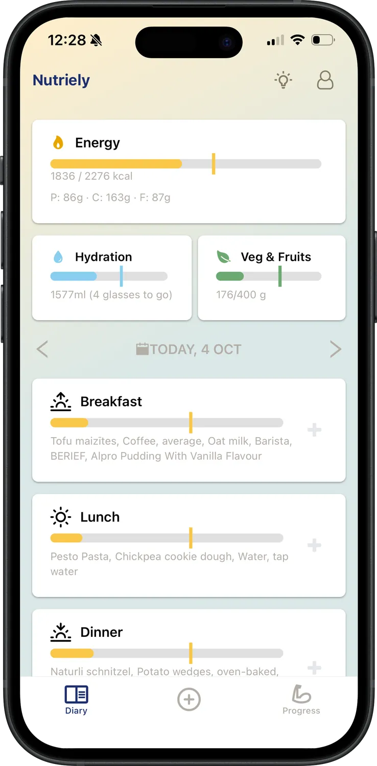 Diary and add food screens in the Nutriely app