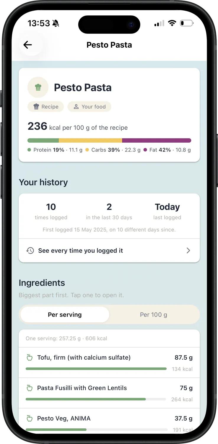 A recipe with its ingredients in the Nutriely app