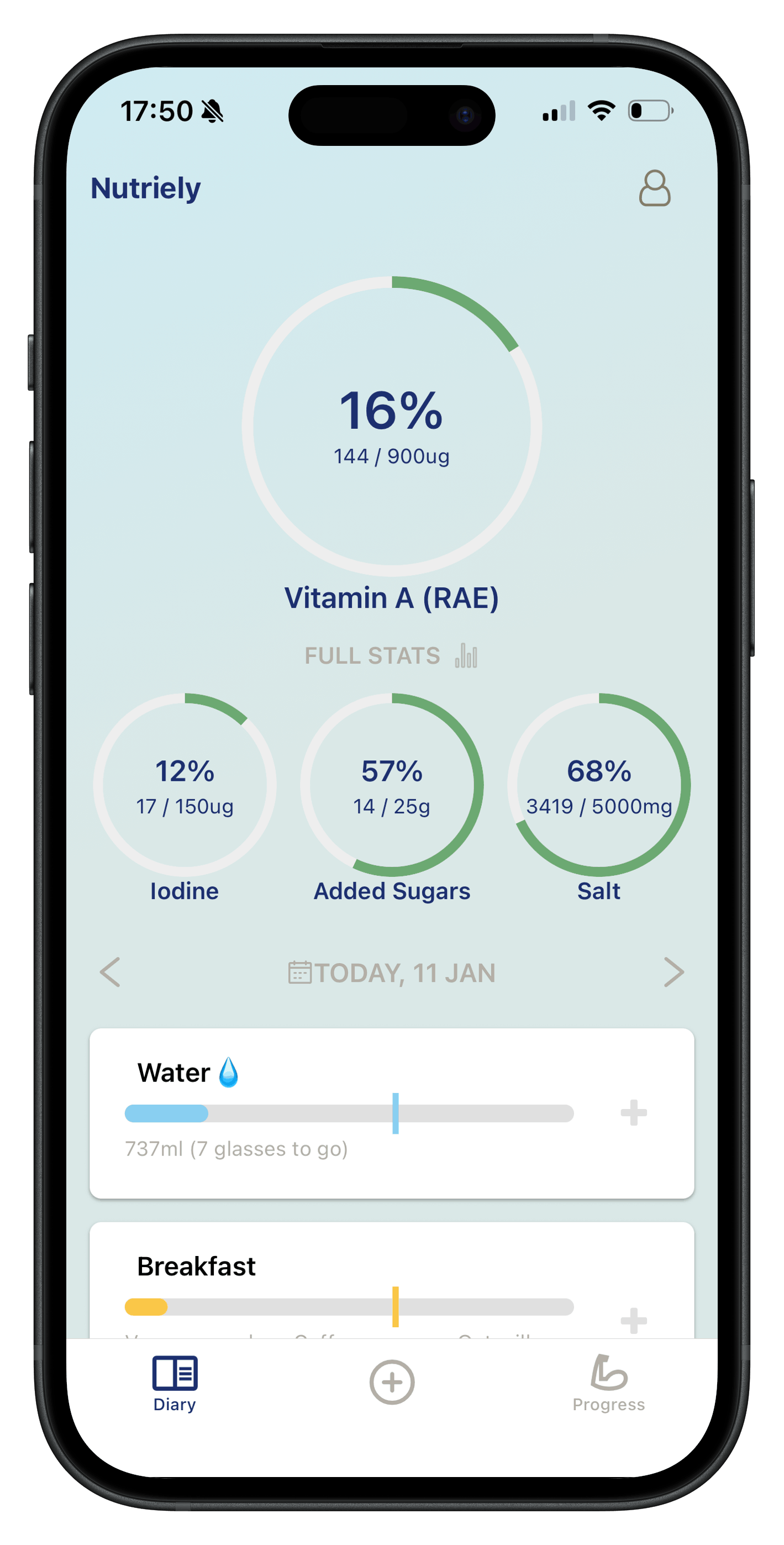 Nutriely diary dashboard without macros
